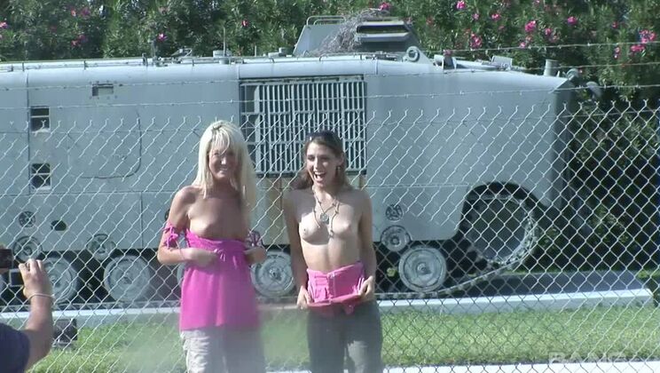 Divine yellow-haired hussy in teasing lesbian sex video in outdoor