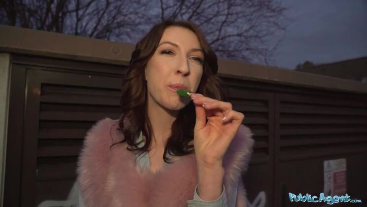 Public Agent Chanel Kiss lollipop sucker is taken from behind after giving a worldclass blowjob