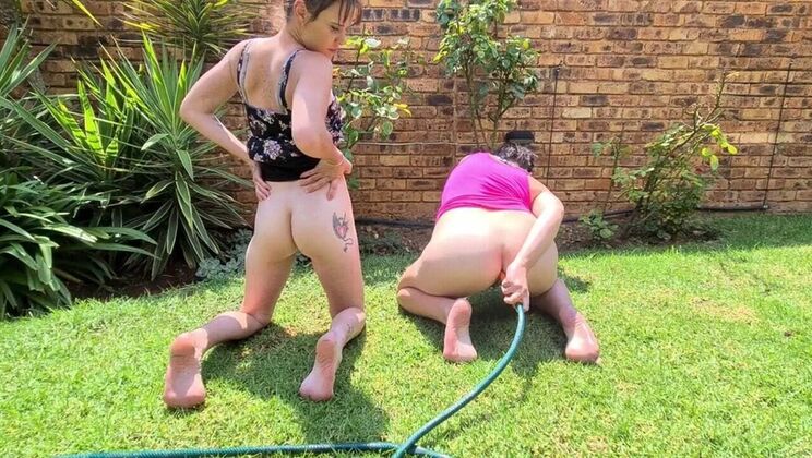 Dirty South African Whores Play with Hose in Garden - Anal & Outdoor Fun