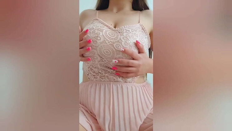 Hot 18yo babe DepravedMinx plays with her big natural tits in pink dress - homemade solo