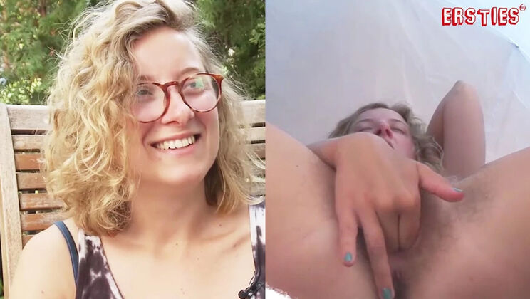 German amateur Lindsey Cruz plays with her hairy pussy outdoors - solo masturbation in HD