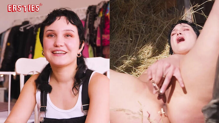 German Amateur Hannah - First Time Fingering Her Shaved Pussy in the Hayloft - Big Tits Solo Masturbation