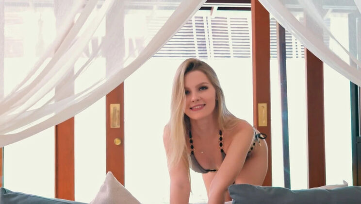 Hot Russian teen Ellie Moore in swimsuit poses and gets fucked hard