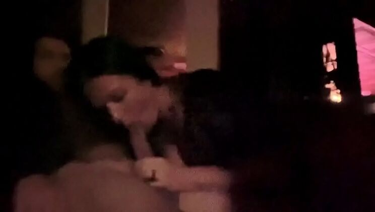 Hot wife gives deepthroat blowjob to big cock friend in bar