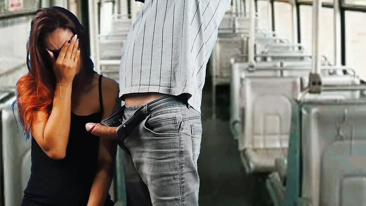 Stranger fucks teen redhead student on public bus - risky public sex creampie