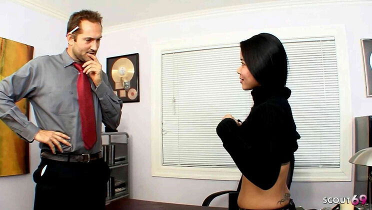 Half Asian Desi Teen Seduced by Older Big Dick Boss in Office Job Interview Sex
