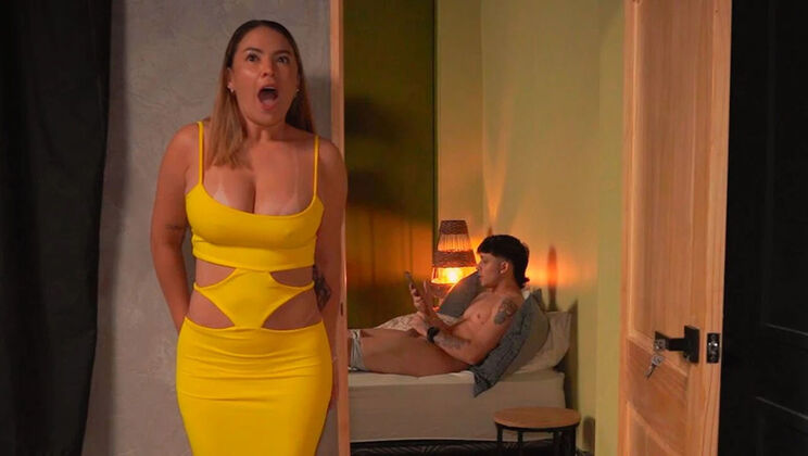 Stepson caught masturbating by busty stepmom - she can't resist his big cock