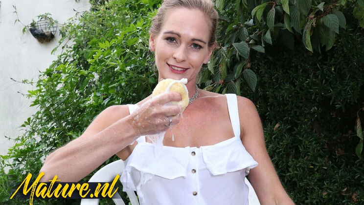 Elegant Eve British MILF Outdoor Shower Solo Fingering Her Wet Pussy