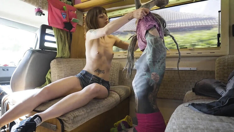 Vintage Van Anal: Tattooed Girl Takes Huge Dildo Deep in Her Ass