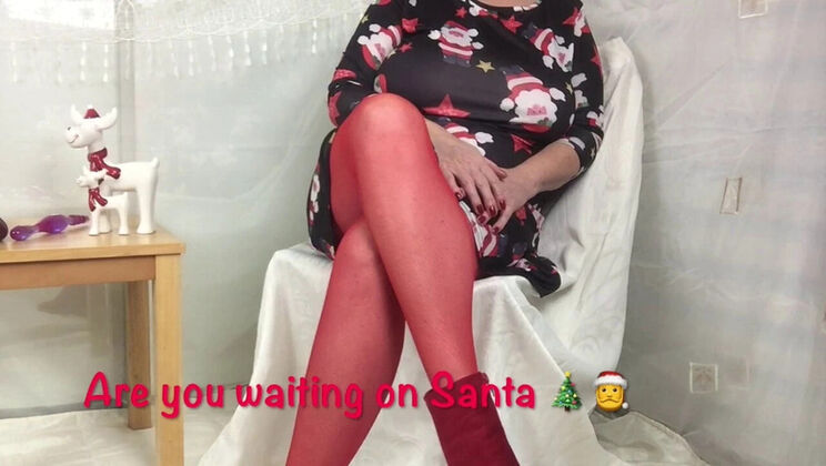 Mature British Granny in Red Stockings Gets Festive Footing with Big Natural Tits