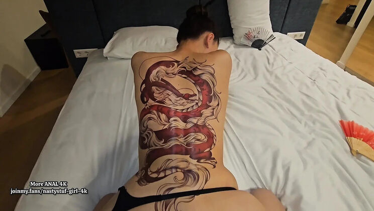 Asian MILF with Dragon Tattoo Gets Anal Creampie Doggystyle