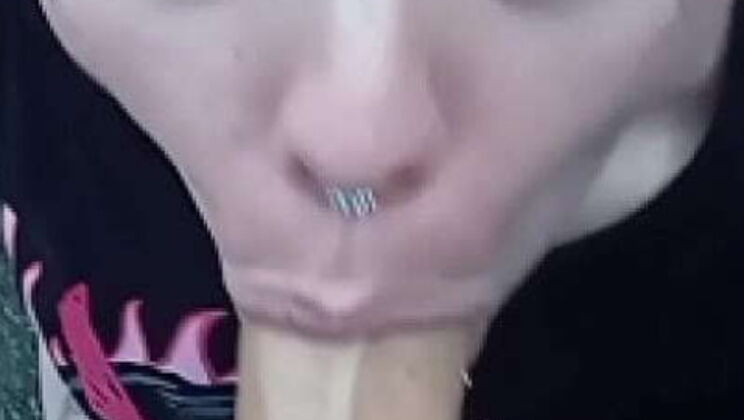 Joy Ski sucks big cock in the street - Blonde tattooed babe gives wet blowjob