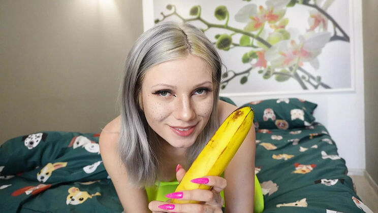 Skinny Blonde Teen Rides Banana and Squirts Orgasm - Solo Masturbation HD