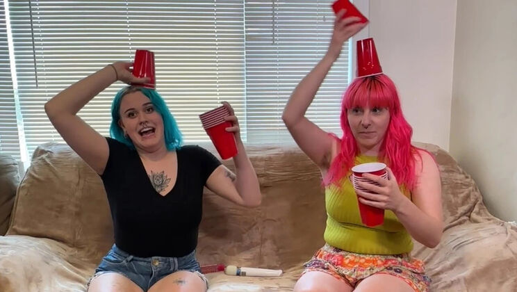 Big Tits Lesbian Teens Bea & Lizzy Strip Game - Stacking Cups Challenge Sex Toys