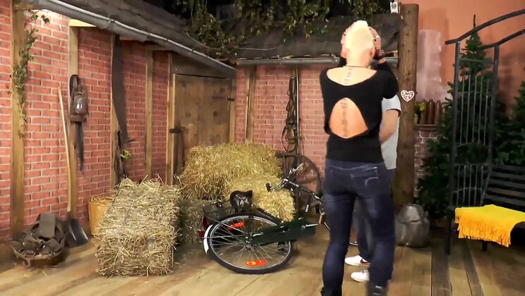 Blonde with tattoos sucks and fucks on the farm while farmer watches