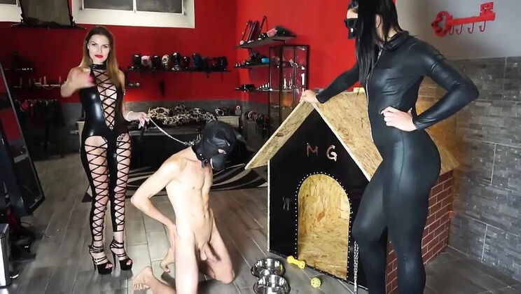 Two hot femdom babes train their slave like a pet